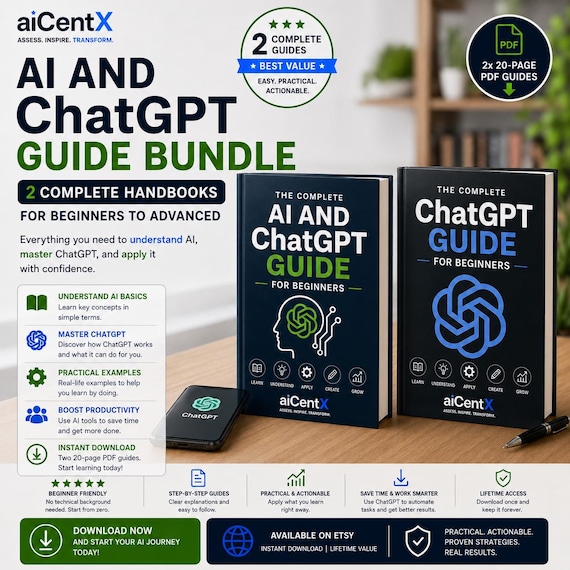 AI and ChatGPT Guide Bundle | 2 Handbooks for Beginners to Advanced | Learn AI, Setup, Features and Workflows | AI Workbook, Guide Template