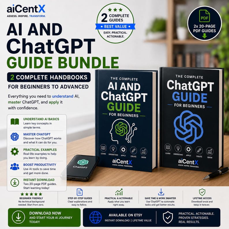 AI and ChatGPT Guide Bundle | 2 Handbooks for Beginners to Advanced | Learn AI, Setup, Features and Workflows | AI Workbook, Guide Template image 1