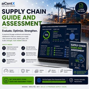 May include: A digital marketing graphic for aiCentX Supply Chain Guide and Assessment featuring a laptop displaying a dashboard, a 16-page PDF guide book, and text detailing assessment, data-driven insights, gap identification, and actionable roadmaps.