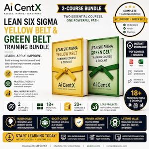May include: A Lean Six Sigma Yellow Belt and Green Belt training bundle by Ai CentX featuring two books tied with yellow and green ribbons. The graphic includes text detailing course benefits, 18 plus practical tools, 20 plus templates, and instant download options for PDF and Excel files.