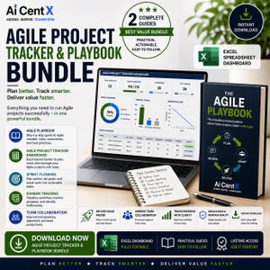 May include: An Agile Project Tracker and Playbook bundle featuring a laptop displaying an Excel dashboard, a spiral-bound Agile Success Checklist, and a book titled The Agile Playbook. The graphic includes text, icons, and project management charts.