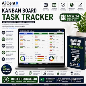 Pode incluir: Uma ferramenta digital de rastreamento de tarefas Kanban exibida na tela de um laptop, com colunas para tarefas a fazer, em andamento e concluídas, ao lado de uma caixa rotulada Kanban Board Task Tracker. A interface inclui gráficos e resumos.