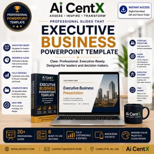 May include: A digital PowerPoint template titled Ai CentX Executive Business featuring a laptop displaying a presentation slide, a branded product box, and a black mug. The design includes professional text, icons, and a 16:9 widescreen layout.