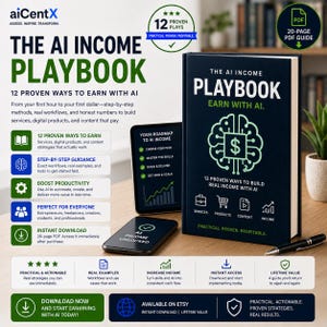 Puede incluir: Un libro azul oscuro titulado The AI Income Playbook con un icono de cerebro y signo de dólar verde claro en la portada. La imagen incluye un teléfono inteligente que muestra AI Income Unlocked, una tableta con una hoja de ruta y texto detallado.