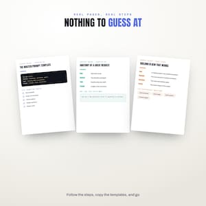May include: Three white informational pages titled Real Pages, Real Steps, Nothing to Guess At. The pages contain text headers including The Master Prompt Template, Anatomy of a Great Request, and Building a Gem That Works, with bulleted lists and boxes.