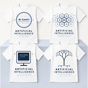 May include: Four white short-sleeve t-shirts featuring artificial intelligence graphics. Designs include a circular logo, a hexagonal network, a computer monitor displaying Hello World, and a branching tree diagram, all with dark blue text.
