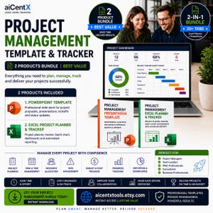 Könnte beinhalten: Ein Projektmanagement-Vorlagen- und Tracker-Paket mit einer PowerPoint-Präsentationsvorlage und einem Excel-Planer. Das digitale Produkt enthält ein Projekt-Dashboard mit Gantt-Diagrammen, Aufgabenstatus-Verfolgung und automatisierten Berichterstattungstools für die professionelle Projektplanung.