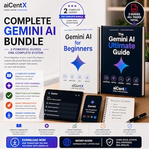 May include: A digital product bundle featuring two printed guides titled Gemini AI for Beginners and The Gemini AI Ultimate Guide, a tablet and smartphone displaying the Gemini interface, a spiral notebook, and a pen on a desk surface.