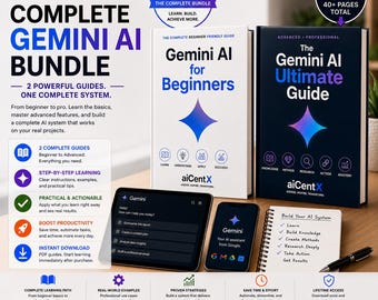 Puede incluir: Un paquete de productos digitales que incluye dos guías impresas tituladas Gemini AI for Beginners y The Gemini AI Ultimate Guide, una tableta y un teléfono inteligente con la interfaz Gemini, un cuaderno de espiral y un bolígrafo.