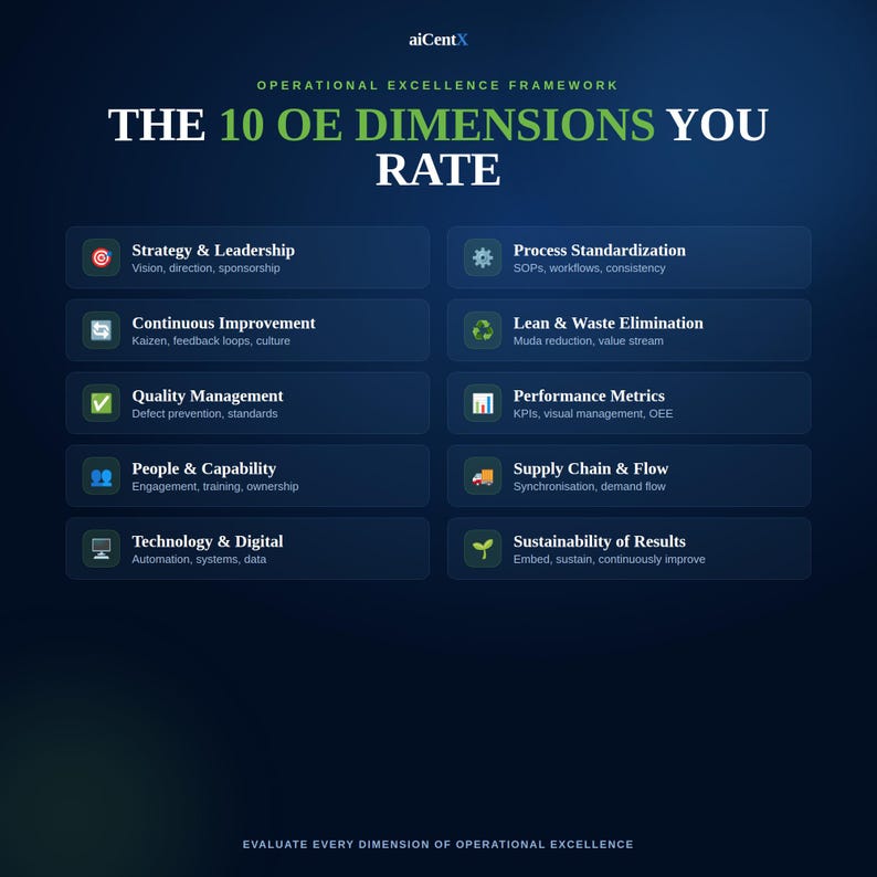 May include: A dark blue infographic titled THE 10 OE DIMENSIONS YOU RATE, listing ten categories: Strategy & Leadership, Continuous Improvement, Quality Management, People & Capability, Technology & Digital, Process Standardization, Lean & Waste Elimination, Performance Metrics, Supply Chain & Flow, and Sustainability of Results.