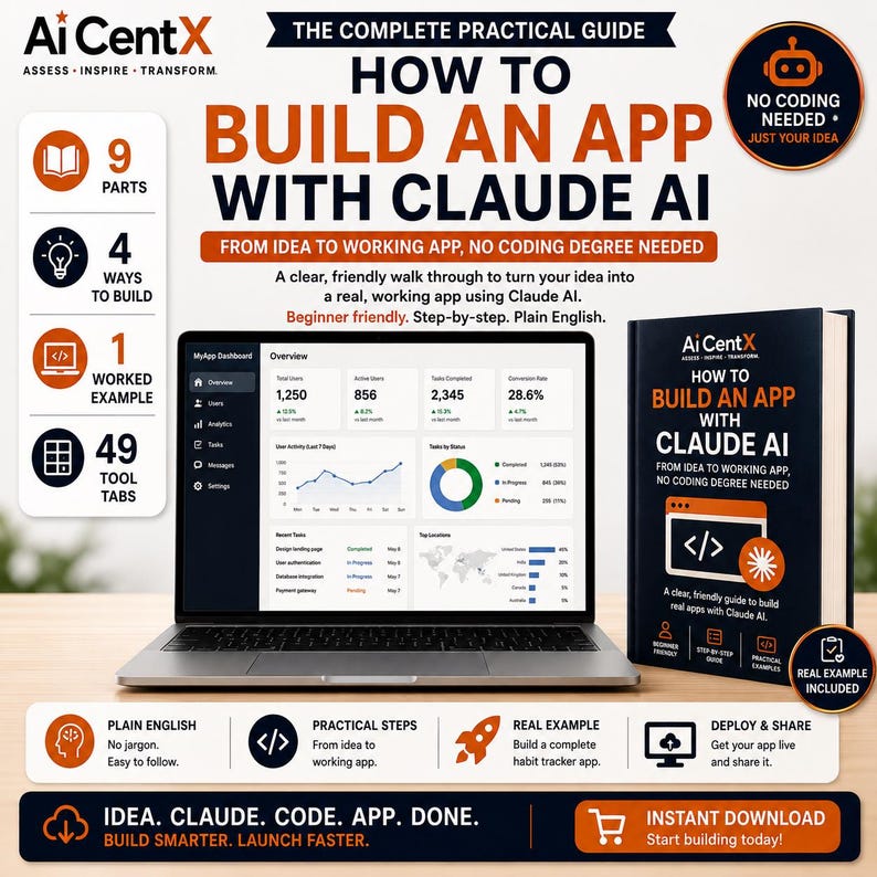 May include: A digital guide titled How to Build an App with Claude AI, featuring a laptop displaying a dashboard with charts and data. The guide includes 9 parts, 4 ways to build, 1 worked example, and 49 tool tabs, emphasizing no coding needed.