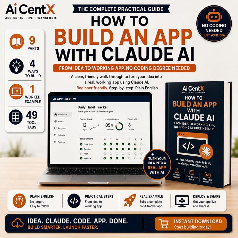 May include: A digital guide titled How to Build an App with Claude AI, featuring a laptop displaying a daily habit tracker app interface, a book with the same title, and infographics detailing 9 parts, 4 ways to build, and 49 tool tabs.