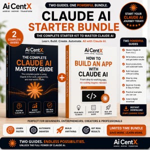 May include: A digital product bundle featuring two guides titled The Complete Claude AI Mastery Guide and How to Build an App with Claude AI. The black and white covers include orange accents, text, and icons detailing steps to master AI tools.