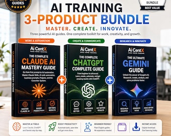 May include: An Ai CentX 3-product bundle featuring three digital guides: The Complete Claude AI Mastery Guide, The Complete ChatGPT Complete Guide, and The Ultimate Gemini Guide. The black covers display orange, green, and blue graphic accents.