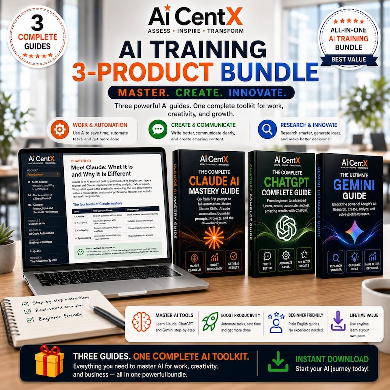 May include: An AI training 3-product bundle featuring three guides: The Complete Claude AI Mastery Guide, The Complete ChatGPT Complete Guide, and The Ultimate Gemini Guide. A laptop displays a guide page, alongside a notebook and pen.
