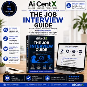 May include: A book titled The Job Interview Guide by Ai CentX, featuring a blue and black cover with silhouettes of two people. The book is displayed next to a laptop showing an interview journey diagram, with text detailing preparation steps.