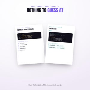 May include: Two white pages titled Real Pages, Real Prompts, Nothing to Guess At. The left page, The Master Prompt Template, lists five prompting habits with checkmarks. The right page, The Skill File, outlines instructions and folder contents.