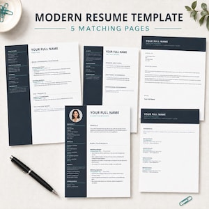 May include: A modern resume template set featuring five matching pages with dark blue and white layouts. The documents include sections for contact information, work experience, skills, and references, with a black pen and paper clips.