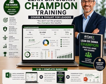 May include: An Ai CentX Lean Six Sigma Champion training course bundle featuring a laptop displaying a project dashboard, a practical guide book, and a PowerPoint deck. The promotional graphic includes text, icons, and a professional in a suit.