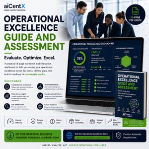 Op de afbeelding: Een 16-pagina tellende PDF-gids getiteld Operational Excellence Guide and Assessment, met een laptop die een dashboard voor operationele uitmuntendheid toont met prestatiegegevens en een fysieke werkboekcover.