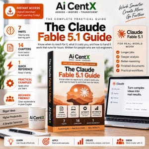 Może przedstawiać: Cyfrowy przewodnik zatytułowany The Claude Fable 5.1 Guide od Ai CentX, z okładką książki przedstawiającą sylwetkę dwóch głów i ikonę gwiazdy. Przewodnik zawiera 7 części, 14 rozdziałów i 1 szybki odnośnik, z tekstem opisującym praktyczne przepływy pracy AI dla osób niebędących inżynierami.