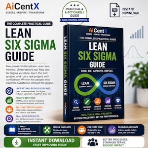 Könnte beinhalten: Ein dunkelblaues Buch mit dem Titel Lean Six Sigma Guide von AiCentX. Das Cover zeigt ein grünes und blaues Unendlichkeitssymbol, den Text Find. Fix. Improve. Repeat. sowie Symbole für den DMAIC-Prozess. Das Buch ist ein praktischer Leitfaden.
