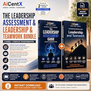 Peut inclure: Un ensemble numérique comprenant deux guides de leadership intitulés The Leadership Assessment Guide et Leadership and Teamwork. L'image contient du texte détaillant 10 dimensions, 5 niveaux de maturité et un téléchargement PDF de 30+ pages.