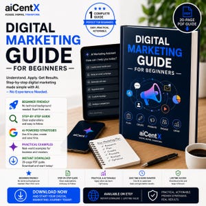 Puede incluir: Una guía de marketing digital para principiantes con portada azul oscuro y un gráfico de megáfono, acompañada de un teléfono inteligente con interfaz de asistente IA, un cuaderno de espiral con lista de plan de marketing y un bolígrafo negro.