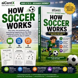 May include: A book titled How Soccer Works by aiCentX, featuring a cartoon child in a green jersey playing football on the cover. The book includes 7 parts, 14 chapters, and 8 diagrams, with text explaining football rules, positions, and strategies for kids.