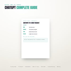 May include: A white informational card titled ChatGPT Complete Guide, Guide Two of Three. It features the text Anatomy of a Great Request, listing Role, Context, Task, and Format. A box contains the text: Ask me a few questions first if anything is unclear.