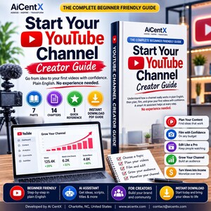 以下が含まれることがあります： AiCentXによるデジタルガイド「Start Your YouTube Channel Creator Guide」。チャンネル分析を表示するノートパソコン、チェックリスト付きのリングノート、7つのパート、14の章、PDFダウンロードに関するテキストが含まれています。