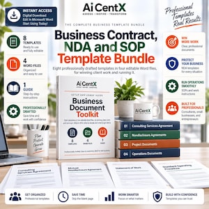 Könnte beinhalten: Ein digitales Geschäftsvorlagen-Paket von AiCentX mit einer Toolkit-Hülle, vier gestapelten Dokumentenordnern und gedruckten Formularen. Das Set enthält acht Vorlagen, vier Word-Dateien und einen Leitfaden mit Texten zu Beratungs-, NDA- und SOP-Dokumenten.