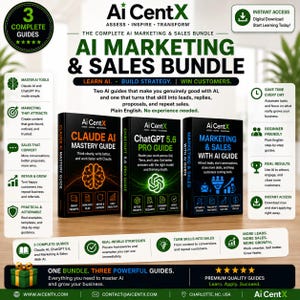 May include: A digital marketing bundle featuring three guides: Claude AI Mastery Guide, ChatGPT 5.6 Pro Guide, and Marketing & Sales with AI Guide. The set includes text detailing AI tools, strategy building, and sales conversion techniques.