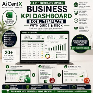 Może przedstawiać: Zestaw 3-w-1 szablonów Excel do pulpitu nawigacyjnego KPI, prezentujący wykresy danych, kartę wyników i trendy przychodów na ekranie laptopa, wraz z praktycznym przewodnikiem PDF oraz prezentacją PowerPoint do analizy biznesowej.