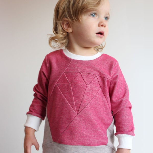 Kids diamond crew neck sweatshirt and tunic PDF sewing pattern & tutorial | Digital download | Puffed sleeves | Sizes 0-3M - 14Y