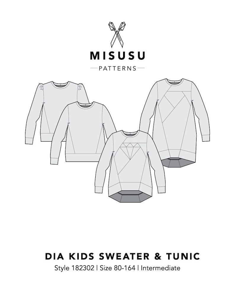 Kids diamond crew neck sweatshirt and tunic PDF sewing pattern & tutorial Digital download Puffed sleeves Sizes 0-3M 14Y zdjęcie 8