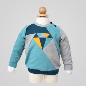 Kids diamond crew neck sweatshirt PDF sewing pattern & tutorial | Digital download | Shoulder closure | Puffed sleeves | Sizes 0-3M - 5-6Y