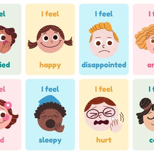 May include: A set of eight rectangular educational cards featuring illustrated faces expressing emotions. Each card displays the text I feel followed by the emotion: worried, happy, disappointed, angry, glad, sleepy, hurt, and calm in colours.