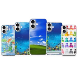 Könnte beinhalten: Fünf Smartphone-Hüllen mit nostalgischen Computer-Designs. Die Motive zeigen eine Landschaft im Windows XP-Stil, Unterwasser-Aquarium-Szenen mit Fischen und ein Raster aus bunten, glänzenden, abgerundeten menschenförmigen Symbolen.