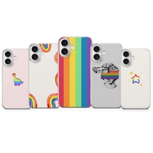 May include: Five clear smartphone cases featuring various designs: a rainbow dinosaur, watercolor rainbow arches, vertical rainbow stripes, a classical statue bust with a rainbow bar over the eyes, and a rainbow-colored star with small yellow stars.