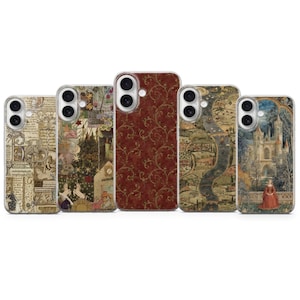 Pode incluir: Cinco capas para smartphone dispostas em fila, cada uma com um design artístico distinto. Os padrões incluem texto de manuscrito medieval, uma cena de tapeçaria de unicórnio, um padrão floral vermelho escuro, uma paisagem fluvial e um castelo.