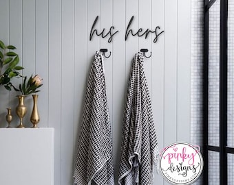 His and Hers Metal Word Sign | Master Bathroom Decor | Towel Hook Decor