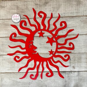 Wacky Sun, Moon and Stars Outdoor Metal Wall Decor Art | Patio and Garden Decor | Sun and Moon Decor. Red