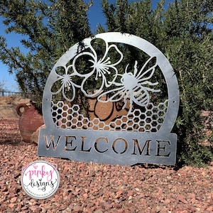 Custom Bee Welcome Metal Sign, Honeycomb Porch Decor, Garden Sign, Bee Lover, Garden and Greenhouse Decor, Personalized Bee Sign.