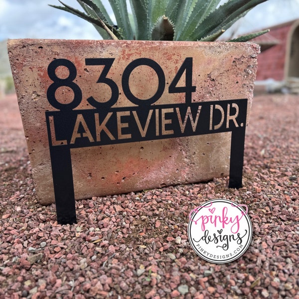 Modern House Number Sign with Stakes | Metal House Numbers with Street Name | Metal Address Yard Sign | Stake Address Sign - Style A37
