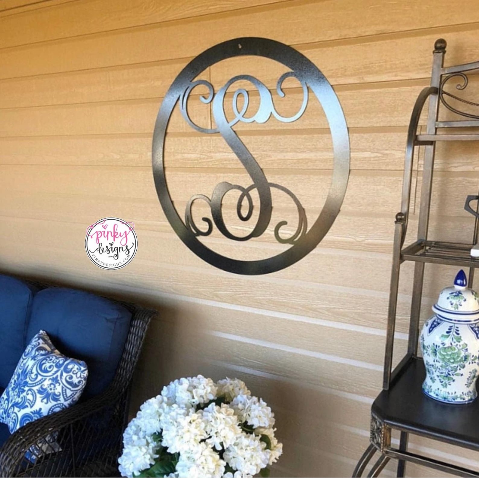 Metal Vine Monogram Sign | Custom Family Name Initial - 18 Inch, White