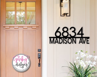 Modern House Numbers - Metal Address Sign with Street Name - Retro Style House Number Sign | Style A11