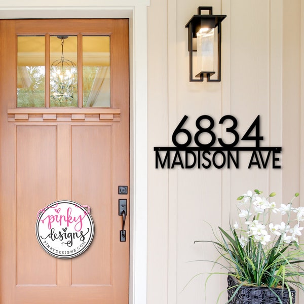 Modern House Numbers - Metal Address Sign with Street Name - Retro Style House Number Sign | Style A11