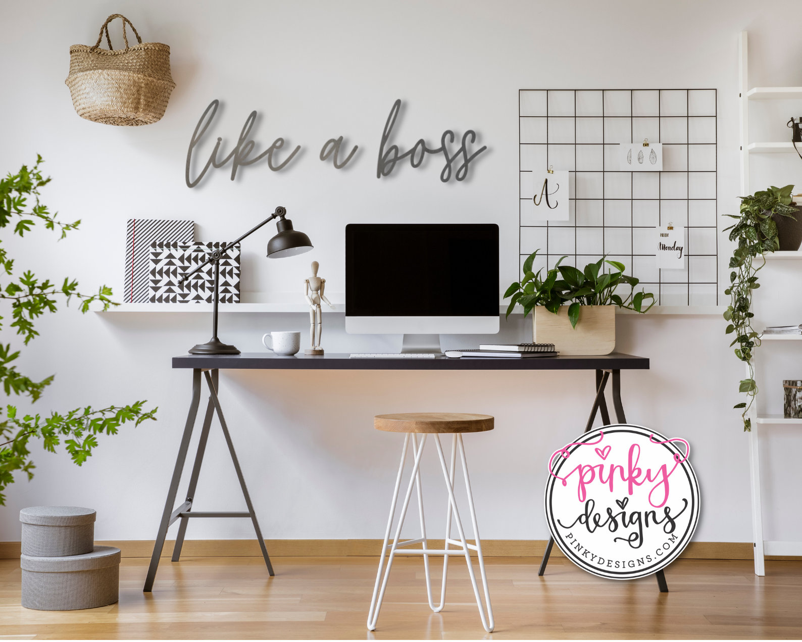 floral decor, wooden desk organiser, cool office decor, wooden desk, grey  chair, pink jacket, mason ja…
