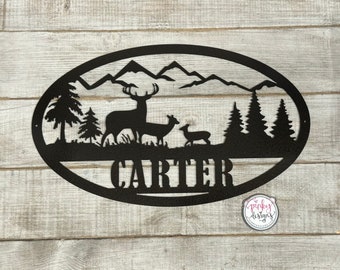 Personalized Deer Metal Cabin Sign, Cabin Decor, Outdoor Hunting, Custom Family Name Sign, Last Name Deer Monogram, Deer Oval Sign.